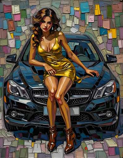 This image is a detailed painting of a woman sitting on the hood of a blue Mercedes-Benz sports car. The woman, who has long, wavy brown hair, is wearing a tight-fitting, golden dress that accentuates her cleavage and legs. She is also wearing brown high-heeled boots. The car, which is a shiny blue color, features a prominent Mercedes-Benz logo on its front. The background of the painting is filled with an array of colorful squares in various shades, including blue, pink, green, gray, and purple, creating a vibrant and dynamic backdrop. The woman is looking directly at the viewer, adding a sense of engagement to the artwork.