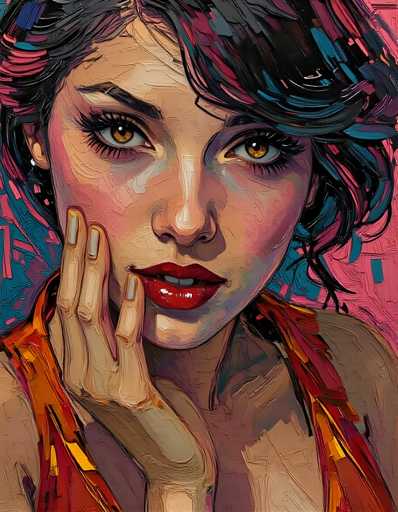 The image depicts a woman with dark hair and striking red lipstick. She is wearing an orange dress that contrasts with her black hair. The background features a gradient of pink and blue colors, adding depth to the scene. The artist's signature "sa_1234" can be seen in the bottom right corner.