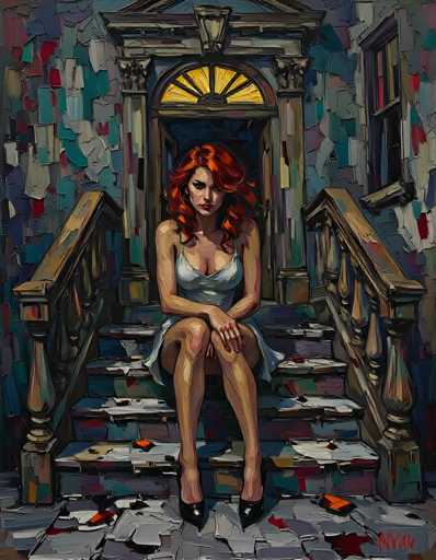 The image depicts a painting of a woman with striking red hair, seated on a set of stone stairs. She is wearing a white dress with thin straps and black high heels. Her legs are crossed, and her hands rest on her knees. The woman's expression is serious, with her gaze directed straight at the viewer. The background features a building with a door that has a yellow, sun-like window above it. The walls of the building are adorned with various colors, including shades of blue, gray, and red, giving them a textured appearance. The stairs themselves are gray with patches of red and blue paint, and there are orange and red leaves scattered around. The overall scene is detailed and vibrant, with the woman as the central focus.