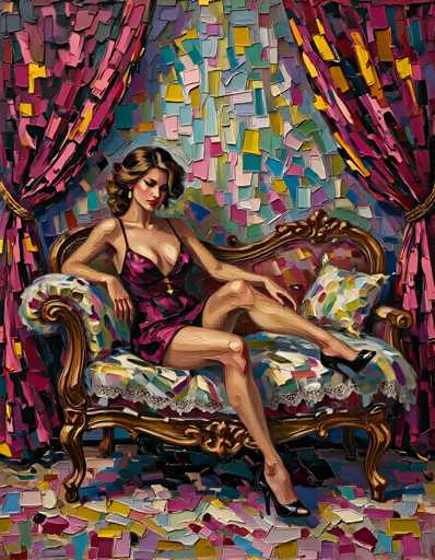 The image depicts a woman sitting on a gold-colored couch with her legs crossed and wearing a purple dress. The background features a colorful mosaic pattern of pink, blue, yellow, green, and orange tiles arranged in a geometric pattern.