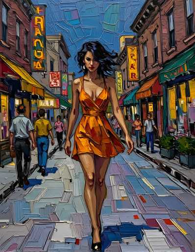 The image depicts a vibrant, cartoon-style painting of a woman walking down a city street. She is dressed in a striking orange dress that accentuates her cleavage and features a slit on the side, revealing her legs. The dress is complemented by black high heels. The woman has black hair and is adorned with white earrings. She appears to be looking directly at the viewer, creating a sense of engagement.

The background showcases a bustling cityscape with buildings on both sides of the street. The building on the left has a sign that reads "T-R-A-N-G-A," while the building on the right displays the letters "S-K-E-R." The street is alive with activity, as numerous people walk along the sidewalks and others are visible in the background, contributing to the lively atmosphere. The overall scene is a colorful and dynamic portrayal of urban life.