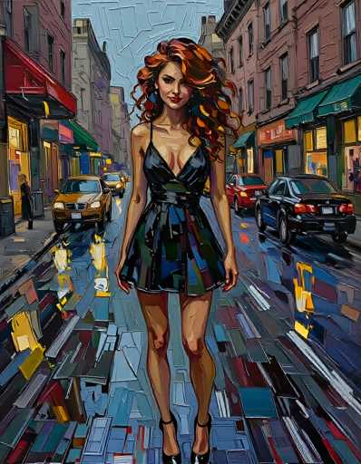 This vibrant painting captures a young woman with striking red hair, styled in a slightly wavy and curly fashion, walking down a bustling city street. She is dressed in a sleeveless black dress that falls just above her knees, complemented by black high heels. Her expression is a subtle smile, and she gazes directly at the viewer. The scene around her is richly detailed, with a wet street reflecting the lights from the surrounding buildings and cars, suggesting recent rain. The street is lined with various vehicles, including a yellow taxi and a black car, as well as other cars parked along the sides. The buildings flanking the street are a mix of red brick and gray stone, adorned with colorful awnings in shades of red, green, and blue. The painting's style is characterized by bold, geometric shapes and a palette of blues, reds, yellows, and blacks, giving it a dynamic and modern feel. The overall composition is slightly taller than it is wide, emphasizing the verticality of the cityscape.