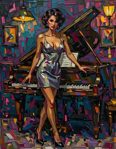 This vibrant painting, rendered in a pop art style, features a striking woman standing in front of a grand piano. The woman, with short black hair and red lipstick, is dressed in a low-cut, sleeveless dress that reaches her knees, adorned with a mix of purple, green, and blue hues. She stands with her legs crossed, one hand resting on the piano, and gazes directly at the viewer. The grand piano, with its lid open, is set against a backdrop of a wall composed of various colored rectangles, creating a mosaic-like effect. Above the piano, two framed pictures hang on either side, and a lamp hangs from the ceiling, casting light over the scene. The floor beneath her is also decorated with a mosaic of rectangles in shades of purple, blue, and gray, adding to the overall dynamic and colorful composition of the painting.