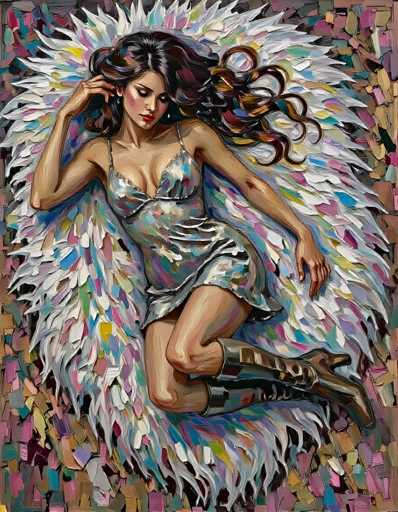 The image is a detailed painting of a woman lying on her side, with her head resting on her hand. She has long, wavy brown hair that cascades down to her waist, and she is wearing a short, silver dress with thin straps. Her legs are bent at the knees, and she is wearing knee-high black boots. The woman's face is adorned with red lipstick, blush on her cheeks, and eye shadow, and she has a serene expression as she looks down. Surrounding her is a large, colorful feather-like structure that resembles a pillow, composed of various shades of white, blue, pink, yellow, and green. The background of the painting is filled with abstract shapes and splotches of color, including pink, blue, yellow, and brown, creating a vibrant and dynamic setting.
