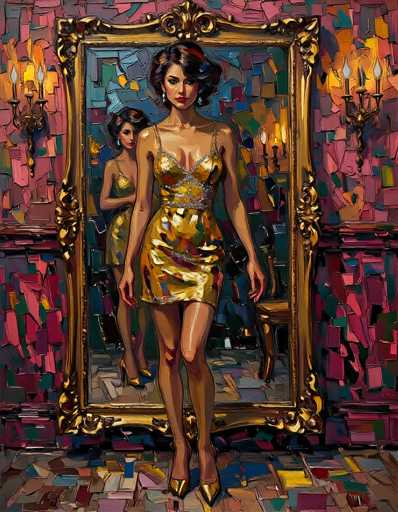 The image is a vibrant and colorful painting, possibly created with watercolor or oil paint, depicting a woman standing in front of a large, ornate mirror. The woman, who has short black hair and is wearing red lipstick, is dressed in a short, gold dress adorned with sequins and a silver belt. She is also wearing gold high heels. The mirror, which has a gold frame, reflects her image along with the surrounding room. The room's walls are decorated with a mosaic of pink, blue, and purple tiles, and the floor is similarly patterned. On either side of the mirror, there are sconces with three lights each, adding to the room's ornate appearance. The overall scene is rich in detail and color, creating a lively and artistic atmosphere.