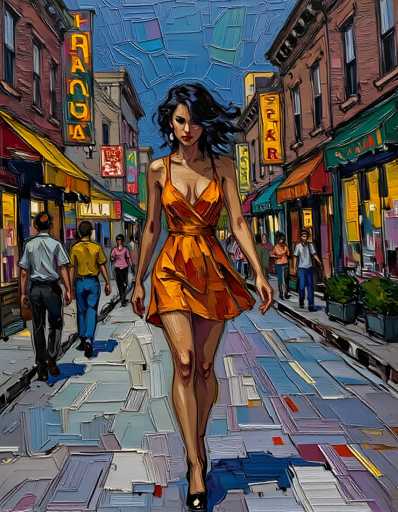 The image depicts an artist's interpretation of a bustling city street scene. The central figure is a woman wearing an orange dress and black heels, walking down the street with her hair flowing freely in the wind. The background features various shops and buildings lining both sides of the street, creating a sense of depth and perspective. The colors used are predominantly red, yellow, and blue, contributing to the vibrant atmosphere of the cityscape.