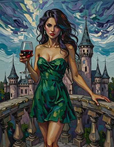 The image depicts a detailed painting of a woman standing on a balcony, holding a glass of red wine in her right hand. She is dressed in a green dress with a single shoulder strap, and her long, wavy black hair cascades down to her chest. The woman, who has a tan complexion, is looking directly at the viewer with her head slightly tilted to the right. Her left hand rests on the stone railing of the balcony, which features a grayish-brown color and is supported by large stone pillars. Behind her, a grand castle with multiple towers and spires dominates the background, set against a sky filled with various shades of blue, white, and gray, suggesting a cloudy atmosphere. The overall scene is rich in detail, with the woman's striking appearance and the majestic castle creating a captivating focal point.