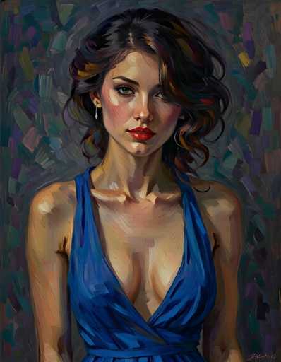 This image is a detailed painting of a woman with a serious expression, gazing directly at the viewer. She has shoulder-length, wavy brown hair with subtle highlights of yellow and red, and her hair is parted in the middle. Her complexion is light, and she wears bright red lipstick that accentuates her full lips. She has dark brown eyes and is adorned with silver earrings that dangle from her ears. The woman is dressed in a blue, sleeveless dress with a deep V-neckline that reveals some cleavage. The background is a vibrant mix of colors, including shades of blue, green, purple, yellow, and gray, creating a dynamic and somewhat abstract setting that contrasts with the more realistic portrayal of the woman. The painting is signed in the bottom right corner, though the signature is not legible.