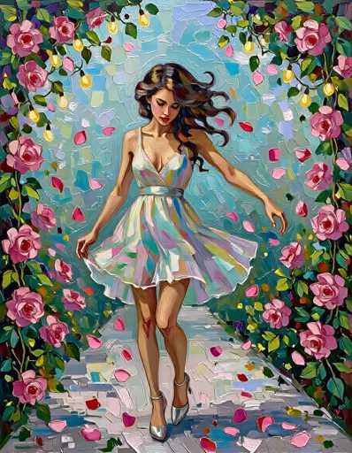 The image is a detailed painting of a woman standing on a gray sidewalk, surrounded by a vibrant archway of pink roses and green vines. The woman, who has long, flowing brown hair with hints of black and blonde, is wearing a strapless, short white dress adorned with colorful streaks of pink, blue, yellow, and green. She is holding the sides of her dress with both hands, revealing her legs and silver high-heeled shoes. Her head is tilted down, and she is looking at the ground, with her eyes closed. The background features a blue sky with a few clouds, and the scene is illuminated by yellow lights hanging from the archway. Petals of pink roses are scattered on the ground around her, adding to the romantic and serene atmosphere of the painting.