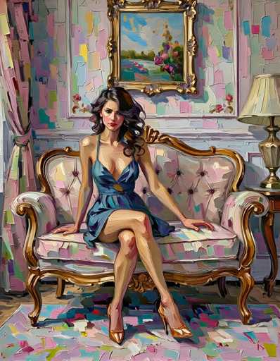 A woman is seated on an ornate gold and white couch in a room with pink walls and a floral painting above the couch. The woman is wearing a blue dress and high heels.