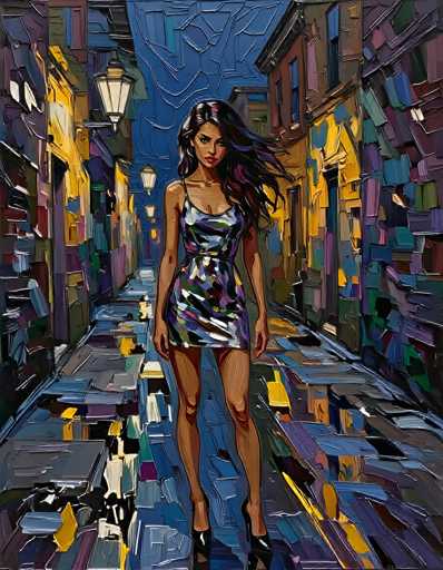 This vibrant painting depicts a young woman standing confidently in the middle of a narrow, cobblestone alleyway at night. The scene is illuminated by the warm glow of streetlights and lanterns, casting a yellow hue on the buildings that line both sides of the alley. The woman, who has long, dark hair flowing in the wind, is dressed in a striking, short dress that reaches her upper thighs. The dress features a single thin strap over her right shoulder and is adorned with a mosaic of colors, including shades of purple, blue, green, and white. She completes her outfit with black high heels. The background is a deep blue, enhancing the nighttime ambiance and adding depth to the scene. The overall style of the painting is somewhat abstract, with visible brushstrokes and a palette that includes blues, purples, yellows, and blacks, creating a dynamic and visually engaging composition.