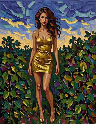 The image depicts a woman wearing a gold dress standing in front of a field with green and purple flowers. The background features a blue sky with clouds.