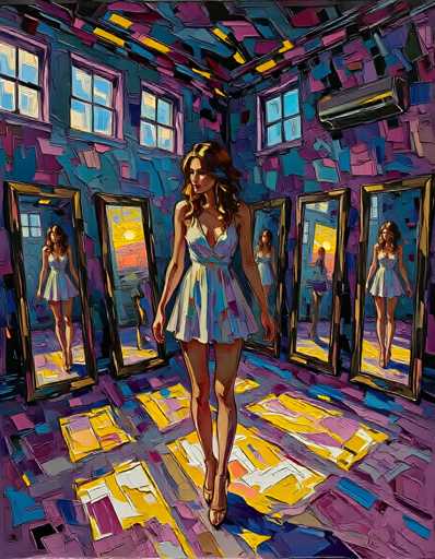 A vibrant, surreal painting of a woman in a white dress walking through a room filled with mirrors. The room is abstract and colorful, with geometric patterns on the walls and floor. The woman's reflection appears in multiple mirrors, creating a disorienting yet captivating effect. The overall style is reminiscent of a dreamlike or fantastical vision, with bold colors and dynamic brushstrokes.