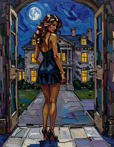 This detailed painting, rendered in a style reminiscent of Van Gogh's "Starry Night," features a woman with long, wavy brown hair cascading down her back. She is dressed in a short, dark blue dress with thin straps and black high heels with red interiors. The woman stands in the doorway of a building, gazing back over her shoulder. The doorway is framed by two open brown doors, leading to a gray stone pathway that extends towards a grand, three-story mansion. The mansion, adorned with numerous windows and a balcony, is illuminated by warm yellow lights, suggesting it is nighttime. The scene is set under a dark blue sky, with a full moon casting a soft glow over the landscape. The house is surrounded by green grass, bushes, and trees, adding to the serene yet elegant atmosphere of the painting.