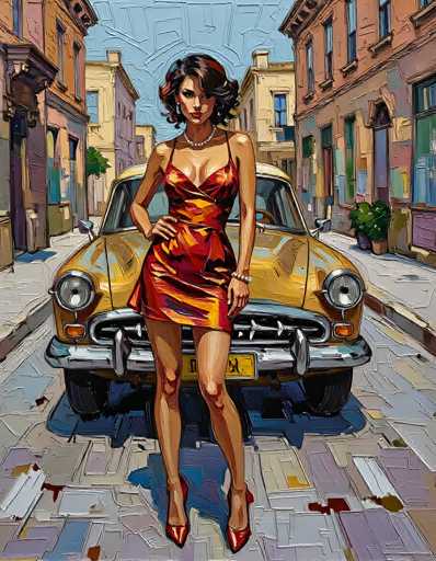The image is a detailed painting of a woman standing in front of a vintage yellow car, likely from the 1950s or 1960s. The car, which has a rounded front and a yellow license plate, is parked on a street lined with buildings on both sides. The woman, who has short black hair with red highlights, is wearing a sleeveless, low-cut red dress that reaches her upper thighs. She accessorizes with a pearl necklace, a pearl bracelet on her left wrist, and red high heels. Her right hand rests on her hip, and she gazes directly at the viewer. The background features a blue sky and a mix of brown and yellow buildings, with some windows and doors visible. The street is paved with a blend of gray, blue, and purple hues, and there are a few green plants in pots near the buildings. The overall scene is vibrant and detailed, capturing a moment of poised elegance in a nostalgic urban setting.