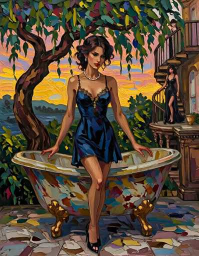 This vibrant, impressionistic painting depicts a woman standing in a large, ornate bathtub with gold legs, set in an outdoor courtyard. The woman, with dark brown hair styled in a 1920s flapper fashion, is dressed in a short, dark blue dress adorned with lace at the top and wears a pearl necklace and black high heels. She stands with her legs crossed, gazing down at the viewer. The courtyard floor is a mosaic of colorful tiles, and a tree with green leaves and a brown trunk stands behind her. To the right, a woman in a black dress is seen leaning on a railing, looking down at the woman in the bathtub. The background features a building with a staircase leading to a second floor, and a body of water with a distant shoreline. The sky is painted in hues of yellow, pink, and blue, adding to the dreamlike quality of the scene.