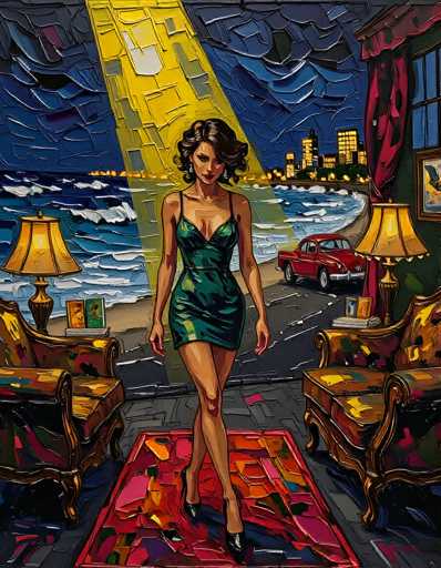The image is a detailed painting of a woman in a green dress, walking towards the viewer. She has short, wavy brown hair and is wearing black high heels. The woman is positioned on a red carpet with abstract patterns of orange, pink, and blue. Flanking her are two gold chairs with red cushions, each accompanied by a lamp with a brown base and a yellow lampshade. Behind her, a red car is parked on a road that curves to the right, leading towards a beach. The beach scene features blue water with white waves and a city skyline with illuminated buildings in the background. A yellow spotlight shines down from the top of the image, adding a dramatic effect to the composition.
