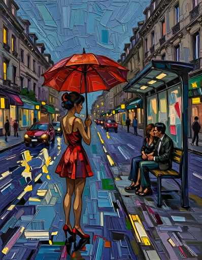 This vibrant, impressionistic painting captures a bustling city street scene at dusk. The sky is a deep blue, contrasting with the illuminated buildings and streetlights that cast a warm glow over the area. The street is lined with tall, brown buildings adorned with numerous windows, some of which are lit, adding to the lively atmosphere. 

On the left side of the street, cars are parked along the curb, while on the right side, a bus stop with a blue awning stands prominently. A couple sits on a bench at the bus stop, the man in a suit and the woman in a dress, sharing a kiss. 

In the foreground, a woman with dark hair styled in a bun walks away from the viewer. She is dressed in a striking red dress and high heels, holding a red umbrella above her head. The street itself is depicted in shades of blue, with yellow lines and reflections of the city lights adding depth and texture to the scene. The overall composition is rich with detail, capturing the essence of urban life in a moment of quiet beauty.