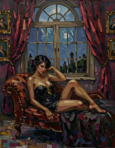 The image depicts a detailed painting of a woman seated on a luxurious red velvet chaise lounge, which is adorned with gold trim and supported by ornate gold legs. The woman, who has dark hair styled in a bun with a red ribbon, is dressed in a black negligee with gold trim and a gold bow at the front. She is posed with her left leg draped over the chaise lounge and her right leg resting on the floor. Her left arm is bent, with her hand near her face, while her right arm rests on the chaise lounge. The background features a large window with a brown frame and red curtains tied back with gold ties, revealing a nighttime cityscape with a prominent moon and distant buildings. The walls are painted in shades of purple, and there are gold-framed paintings of women hanging on either side of the window. The floor is covered with a multicolored carpet, adding to the rich and vibrant atmosphere of the scene.