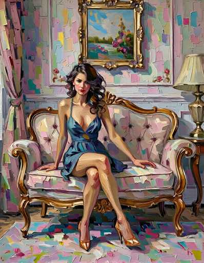 The image depicts a detailed painting of a woman seated on a vintage, ornate chair. The woman, with long, dark hair cascading over her shoulders, is dressed in a blue dress that features a low neckline and a belt around her waist. She is wearing high heels and has her legs crossed, with her right leg over her left. Her hands rest on the chair's armrests, and she gazes directly at the viewer with a serious expression.

The chair she sits on is pink with a floral pattern and has a gold frame, adding to the vintage aesthetic. The background is a vibrant, multicolored wall with hues of pink, blue, yellow, and green, creating a lively and dynamic atmosphere. Above her head, a painting in a gold frame hangs on the wall, depicting a serene landscape with a blue sky, green trees, and a body of water.

To the right of the chair, a small table holds a lamp with a gold base and a white lampshade. The floor beneath the chair is covered with a multicolored rug that complements the wall's palette. The overall composition of the painting is rich in detail and color, creating a visually captivating scene.