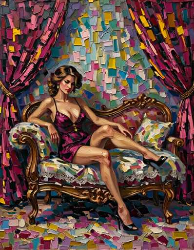 This vibrant, abstract painting features a woman seated on a luxurious, gold-colored chaise lounge. The woman, with her dark brown hair styled in a 1920s fashion, is adorned in a short, purple dress with thin straps and a gold clasp at the center. She accessorizes with black high heels and dangling earrings, and her makeup includes red lipstick. Her eyes are closed, and she appears to be looking down, adding a sense of contemplation to her pose. The chaise lounge is draped with a white cloth and adorned with a pillow that matches the colorful, collage-like background. This background is composed of various geometric shapes in a spectrum of colors, including pink, yellow, blue, green, purple, and white, creating a dynamic and lively atmosphere. The painting's style is reminiscent of pointillism, with the shapes and colors blending together to form a cohesive yet abstract backdrop.