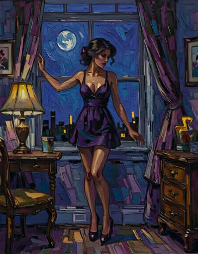 The image depicts a detailed painting of a woman standing in a room with a large window behind her. She is wearing a purple dress with thin straps and a deep V-neckline that reveals some cleavage. Her black hair is styled in a bun at the back of her head, and she is looking down towards the right. The woman is wearing black high heels, and her right arm is extended out to touch a lit lamp on a wooden table to her left. The lamp has a brown base and a yellow lampshade. The room features a purple and brown carpet, and the walls are painted in shades of blue and purple. On the right side of the image, there is a brown dresser with four drawers, and a small table with a glass jar on top. The window behind the woman offers a view of a cityscape with tall buildings and a bright moon, suggesting a nighttime scene. The overall style of the painting is somewhat abstract, with a focus on the woman and the interior details.