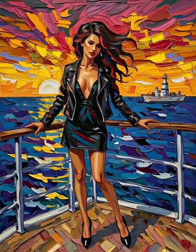The image is a vibrant, abstract painting of a woman standing on the deck of a ship, leaning against a brown railing with white metal bars. She is dressed in a very short black leather jacket, a low-cut black dress with a belt, and black high heels. Her long black hair, streaked with red, flows in the wind. The deck beneath her feet is a mosaic of various colors, including brown, red, blue, and yellow. Behind her, the ocean is depicted in shades of blue, purple, and yellow, with a large ship sailing in the distance. The sky is an explosion of colors, featuring a setting sun in hues of yellow, orange, and red, surrounded by pink, purple, and blue clouds. The overall style of the painting is abstract, with bold, thick brushstrokes that give it a textured, almost three-dimensional appearance.