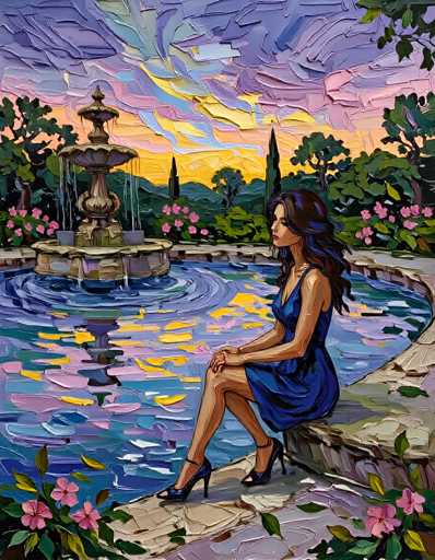 This painting, rendered in an impressionistic style with thick, textured brushstrokes, depicts a serene outdoor scene at sunset. The sky is a mesmerizing blend of purples, pinks, yellows, and blues, with the sun setting behind distant mountains. In the foreground, a woman with long, dark hair sits gracefully on the edge of a stone fountain. She is dressed in a blue dress and black high heels, her legs crossed as she gazes into the distance. The fountain, which is actively spouting water, is surrounded by lush greenery, including trees, bushes, and pink flowers. The water in the fountain reflects the vibrant colors of the sky, creating a harmonious and tranquil atmosphere.