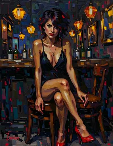 This vibrant painting depicts a woman seated at a bar, exuding an aura of sophistication and allure. She is dressed in a sleek black dress that accentuates her cleavage, paired with striking red high heels. Her short, wavy hair, a blend of black and red, frames her face elegantly. She sits on a brown barstool, her legs crossed, with one hand resting on the bar and the other hanging by her side. The bar itself is adorned with green wine bottles, adding a touch of color to the scene. Above her, yellow lanterns cast a warm glow, while the background features a mix of blue, black, and gray hues, creating a moody atmosphere. The walls are decorated with framed pictures, adding to the bar's ambiance. The artist's signature is visible in the bottom left corner, though it is not legible.