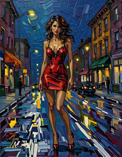 The image is a detailed painting of a woman walking down a city street at night. She has long, dark brown hair with hints of red and is wearing a tight, red dress adorned with black lace at the top and black floral patterns. The dress is short, ending just above her knees, and she pairs it with red high heels. Her skin is tanned, and she has red lipstick. The woman is looking directly at the viewer with a serious expression.

The street she walks on is wet, reflecting the lights from the surrounding area. The background features a mix of tall buildings on both sides of the street, some with awnings and lights on, suggesting they are shops or stores. The buildings are painted in various colors, including red, yellow, and blue. There are a few cars parked along the street, and a couple of people can be seen walking on the sidewalks. The sky above is a deep blue, indicating it is nighttime. The overall scene is vibrant and detailed, capturing the essence of a bustling city street illuminated by the night.