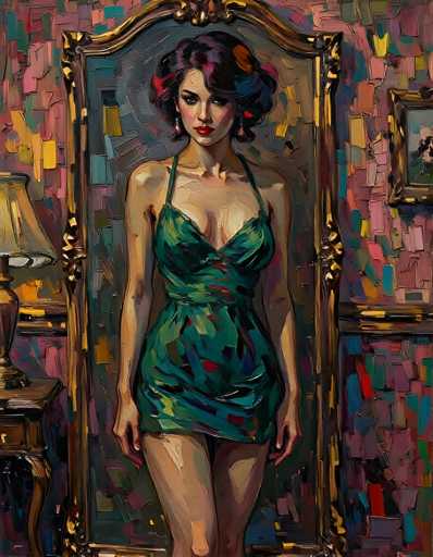 This painting depicts a woman standing in front of a large, ornate mirror with a gold frame, set against a vibrant, abstract background. The woman, who has short, curly hair with shades of purple, pink, and blue, is wearing a green dress adorned with multicolored squares in red, blue, and yellow. Her dress is very short, revealing her legs, and she has a serious expression on her face, with red lipstick and dark eyes. She is also wearing earrings. The background is a mosaic of colors, including pink, blue, yellow, green, and purple, creating a dynamic and lively atmosphere. To the left of the mirror, there is a brown table with a lamp that has a white shade, and to the right, there is a picture frame on the wall. The overall style of the painting is abstract, with bold colors and shapes that give it a modern feel.