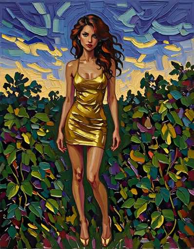 The image depicts a painting of a woman standing in a field of tall, vibrant green plants. She is wearing a short, gold dress that accentuates her figure, and her long, wavy brown hair cascades down to her chest. The woman's skin is a light brown, and she has striking red lips. She stands with her legs slightly apart, gazing directly at the viewer with a serious expression. The background features a sky with a blend of blue, yellow, and purple hues, adding a dreamy quality to the scene. The plants around her are lush and varied, with some displaying yellow and purple leaves, creating a rich tapestry of colors. The overall composition is vertical, emphasizing the height of the plants and the woman's presence within them.