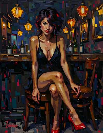 The image depicts a woman sitting at a bar with her legs crossed and wearing a black dress. The background features a blue wall adorned with yellow lights that cast an ethereal glow on the scene. Several bottles are visible in the background, suggesting a bar setting or a wine cellar.