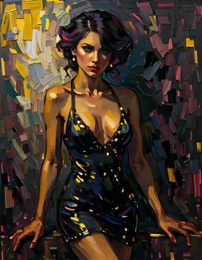 This image is a detailed painting of a woman, possibly of African or Hispanic descent, with a medium complexion. She has short, wavy black hair with subtle hints of pink and blue, and her bangs are slightly curled. Her makeup is striking, featuring dark red lipstick, heavy eye makeup, and blush on her cheeks. She is adorned with gold earrings and is dressed in a black, sequined dress that is low-cut and sleeveless, revealing her cleavage. The dress is short, ending just above her knees, and features thin straps over her shoulders. She is posed with her hands on a surface, possibly a table or a railing, and her head is slightly tilted to the right. The background is a vibrant mix of colors, including shades of yellow, blue, gray, purple, pink, and black, creating a dynamic and textured effect. The overall style of the painting is somewhat abstract, with visible brush strokes adding to the depth and complexity of the image.