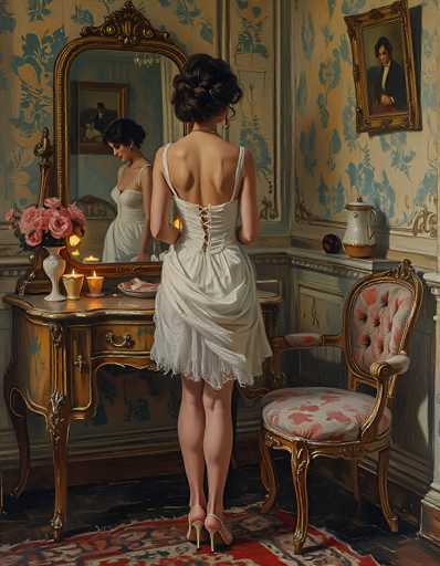 The image depicts a detailed painting of a woman standing in front of an ornate mirror, which is mounted on a wooden dresser. The woman, who has dark hair styled in an updo, is wearing a white dress with thin straps and a laced-up back. She is adorned with a necklace and earrings, and her feet are clad in high heels. The mirror reflects her image, showing her looking down to the left. On the dresser, there are three lit candles and a vase filled with pink roses. The room features wallpaper with a blue floral pattern on a white background, and the floor is dark wood with a red and blue rug. To the right of the woman, there is a chair with a white cushion decorated with red flowers and gold legs. Above the chair, a shelf holds a white pitcher with a brown base and a brown vase. The wall also displays a portrait of a man in a black suit with a white shirt and black hair. The overall scene is richly detailed, capturing the elegance and atmosphere of the room.