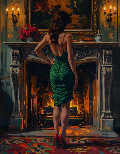 A woman stands in front of a fireplace with a painting on the wall behind her and red shoes on the floor.