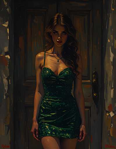 This painting depicts a young woman standing in front of a weathered, dark brown wooden door with a brass handle. The door is set in a similarly aged wall, both showing signs of wear and tear. The woman, who has long, wavy brown hair cascading over her left shoulder, is dressed in a green dress adorned with gold specks. The dress, which has thin straps and a low neckline, reveals a significant portion of her chest and extends to just above her knees. She accessorizes with a delicate necklace featuring a small pendant. Her expression is serious, with her gaze directed straight at the viewer, and her hands rest by her sides. The overall scene is dimly lit, adding to the painting's moody atmosphere.