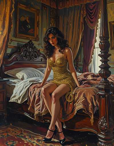 The image depicts a detailed painting of a woman sitting on the edge of a large, ornate bed in a luxurious bedroom. The woman, who has long, dark brown hair cascading past her shoulders, is dressed in a short, gold sequined dress that accentuates her cleavage and features thin straps over her shoulders. She is wearing black high-heeled shoes with ankle straps. The bed she sits on is made of dark brown wood with intricate carvings, including a headboard with a floral design. The bed is adorned with white pillows and a brown blanket, and the floor beneath it is covered with a red carpet featuring blue and yellow floral patterns. The room's walls are painted a light green, and the windows are framed with brown curtains. A painting hangs on the wall behind her, adding to the room's elegant ambiance. The woman is looking directly at the viewer, creating a sense of engagement within the scene.