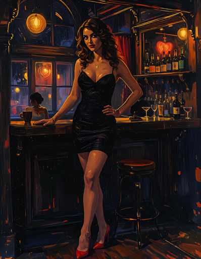 The image depicts a detailed painting of a woman standing in a bar, exuding confidence and allure. She is dressed in a tight, black dress that accentuates her figure, paired with striking red high heels. Her long, dark hair cascades down her back, and she wears a necklace with a pendant, adding a touch of elegance to her ensemble. The woman stands with one hand on her hip, her legs crossed, and her gaze directed towards the viewer, creating a sense of direct engagement.

The bar setting is richly detailed, with a wooden bar counter and a stool positioned to her right. Behind her, a mirror reflects the array of bottles neatly arranged on the shelves, adding depth to the scene. The bar is illuminated by warm, yellow lights hanging from the ceiling, casting a cozy glow over the area. To the left of the woman, a window reveals the dark night outside, contrasting with the warm interior. In the background, another woman is seated at the bar, her back turned to the viewer, adding a sense of mystery and narrative to the painting. The overall atmosphere is one of sophistication and quiet allure, capturing a moment of poised elegance in a dimly lit bar.