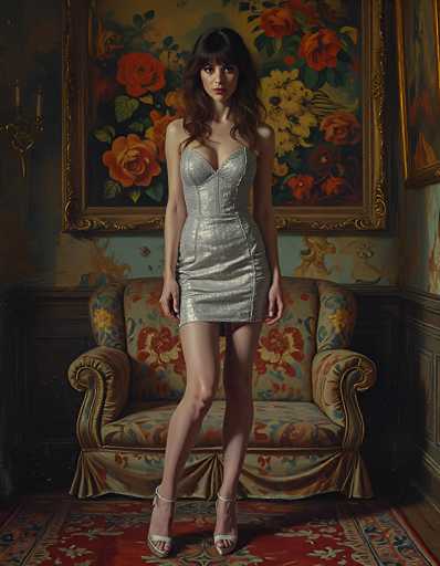 In this detailed image, a woman stands confidently in the center of a room, exuding a vintage charm reminiscent of the 1920s. She is dressed in a short, silver dress that accentuates her figure, paired with silver high heels. Her long, dark brown hair cascades down to her chest, and she has bangs framing her face. Her makeup is striking, with red lipstick and dark eyes that gaze directly at the camera.

The room around her is adorned with a rich, red carpet featuring intricate floral patterns. Behind her stands an old-fashioned couch, also decorated with floral designs in shades of red, blue, and green. The walls of the room are painted a light blue and are embellished with various paintings, including a large one directly behind her that features a bouquet of red and yellow flowers. To the left of the image, a candelabra adds to the vintage ambiance of the setting. The overall scene is a harmonious blend of old-world elegance and modern-day poise.
