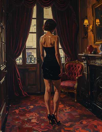 The image depicts a detailed painting of a woman standing in a luxurious, Victorian-style room. She is positioned with her back to the viewer, gazing out of a large, multi-paned window adorned with rich red curtains. The woman is dressed in a short, black dress that accentuates her figure, paired with black high heels. Her hair is styled in a bun, adding to the elegance of her appearance.

The room exudes opulence, with a red carpet featuring intricate patterns underfoot. To the right of the woman stands a red velvet chair with gold trim, positioned in front of a fireplace. The fireplace is decorated with a mirror above it and flanked by two lamps. On the mantle, there are various decorative items, including a red vase and a black vase. The walls of the room are painted a warm brown, enhancing the cozy yet sophisticated ambiance.

Overall, the painting captures a moment of quiet contemplation, with the woman seemingly lost in thought as she gazes out the window, taking in the serene view of the outside world.