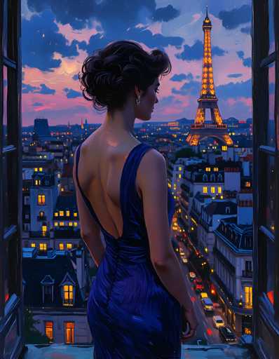 A woman in a deep blue, low-backed dress stands on a balcony overlooking the illuminated cityscape of Paris at night. She has dark, curly hair and is looking out at the Eiffel Tower in the distance. The sky is a mix of deep blues, purples, and pinks with soft clouds, reflecting the city lights. The balcony is framed by a window with dark frames, and warm light spills out from the room behind her. The overall mood is romantic and serene, capturing a magical moment in Paris.