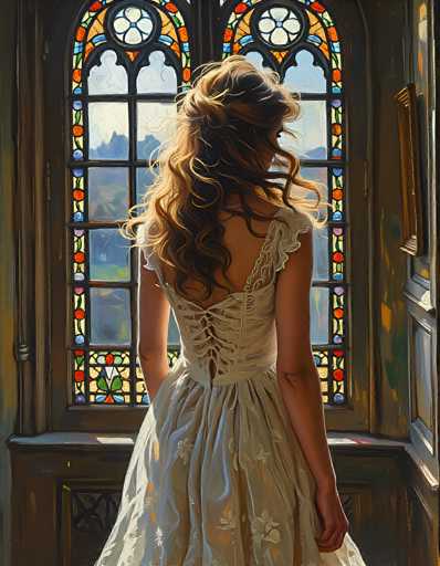 The image depicts a young woman with long, wavy blonde hair cascading down her back, dressed in a white, lacy dress with a low back and short sleeves. She stands with her back to the viewer, gazing out of a large, ornate stained glass window. The window, framed in dark wood, features intricate designs with a central circular motif and floral patterns in vibrant colors such as red, green, blue, and yellow. The window is divided into three sections: the top half is stained glass, while the bottom half is clear. The woman's dress, adorned with floral patterns, complements the window's colorful design. To her right, a wooden door is visible, adding to the room's classic aesthetic. The scene captures a moment of quiet contemplation as she looks out into the distance.