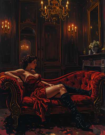 The image depicts a woman reclining on a luxurious red velvet couch, her body angled towards the right. She is dressed in a striking red dress that accentuates her cleavage, paired with thigh-high black boots. Her dark hair is styled in an elegant updo, and she wears a single earring on her right ear. The woman's head is tilted downward, her eyes closed, giving her a serene expression. The couch, which features gold trim, is positioned on a rich red carpet. Behind her, the room is adorned with dark wooden paneling and a large mirror that reflects the chandelier hanging from the ceiling. The chandelier, with its gold trim and candle-like lights, adds a touch of opulence to the scene. To the right of the couch, a fireplace with a gold-framed mirror above it is visible, adorned with a white vase containing white flowers. The overall ambiance of the room is one of grandeur and sophistication, with the woman as the focal point of this detailed and evocative painting.