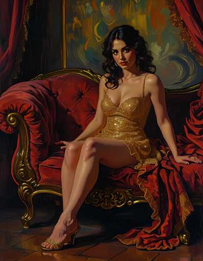 The image depicts a highly realistic painting of a young woman, possibly in her early 20s, seated on a luxurious red velvet couch with gold trim. The woman, who has long, dark curly hair and is wearing red lipstick, is dressed in a gold, one-shoulder dress that leaves her left shoulder bare. She is adorned with gold high heels and matching gold earrings. Her expression is serious, and she gazes directly at the viewer. The couch is positioned on a brown tiled floor, and behind her, there is a large, abstract painting with swirling colors of green, yellow, and orange. Flanking the painting are red curtains with gold trim, adding to the opulent atmosphere of the scene.