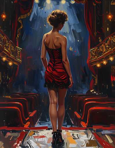 The image is a detailed painting of a woman standing in the middle of a theater, viewed from behind. She is wearing a red dress with black lace trim at the bottom and black high heels. Her hair is styled in a bun, and she has earrings on. The woman is looking down towards the right, with her arms positioned behind her back. The theater features rows of red seats on either side of her, with a stage in front of her. Above the stage, there are red curtains with gold fringes, and a blue light illuminates the area. The theater has balconies on both sides, adorned with gold railings and hanging lights. The floor beneath her is a mix of red, white, and brown colors. The overall scene is rich in detail, capturing the elegant and somewhat mysterious atmosphere of the theater.