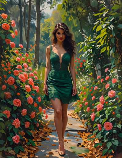 The image portrays a young woman, likely in her early 20s, with long, wavy brown hair cascading over her left shoulder. She is dressed in a dark green, lacy dress that features a plunging neckline and a short skirt that falls just above her knees. The dress has a single strap over her right shoulder, leaving her left shoulder bare. She is wearing high-heeled sandals with ankle straps. The woman stands on a paved pathway in a lush, forested area, surrounded by tall trees and vibrant greenery. The ground is scattered with brown leaves, and the pathway is flanked by bushes adorned with pink roses and other colorful flowers. The scene is bathed in sunlight, casting a warm glow on the woman and the surrounding foliage. She gazes directly at the camera with a serene expression, her hands resting naturally at her sides.