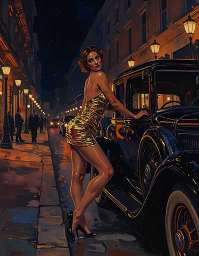 A woman dressed in a gold dress stands leaning against a black car on a city street at night. The car is illuminated by the warm glow of its headlights and has a large rear light that casts a soft glow onto the scene. In the background, there are buildings with their windows glowing softly, and other people can be seen walking along the sidewalk in the distance.