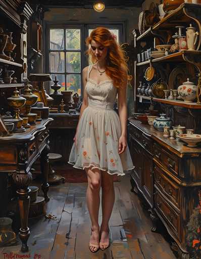 A woman with red hair is standing in a room filled with various objects and furniture. She is wearing a white dress adorned with flowers on the bodice. The room has wooden floors that reflect light from the window behind her, which is covered by a curtain. On the windowsill, there are several pots and pans of different sizes and shapes.