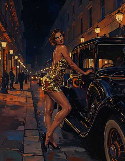 This detailed painting captures a vibrant 1920s scene featuring a woman in a short, strapless gold dress with a backless design, accentuating her curves. She stands confidently beside a sleek black car, her left hand resting on the open door. Her short, curly brown hair frames her face as she gazes over her shoulder, her right leg elegantly crossed in front of her left. She completes her sophisticated look with black high heels. The background reveals a bustling city street lined with vintage cars and illuminated by streetlights, casting a warm glow on the wet pavement. On the sidewalk, several men in suits are engaged in conversation, while a few cars with headlights on add to the lively atmosphere. The scene is framed by buildings on both sides, enhancing the nostalgic charm of the era.